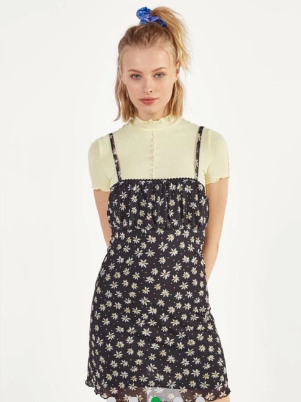 Bershka Black Floral Slip Dress with White & Yellow Daisy Print